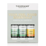 TISSERAND AROMATERAPY Your Feel Good Essentials Kit with 3 x 9 ml 100% pure essential oils: peppermint, rosemary, and lemon. Ideal for massage, diffusion, and aromatherapy use.