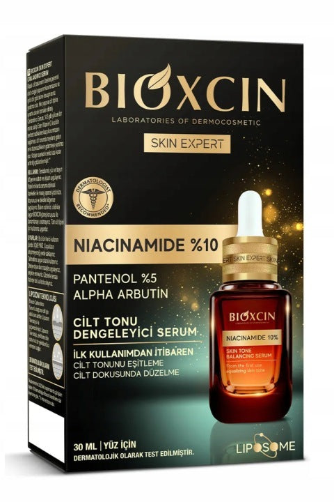 Bioxcin Skin Expert Niacinamide 10% + Panthenol 5% – veido serumas odos atspalviui suvienodinti su alfa arbutinu, 30 ml