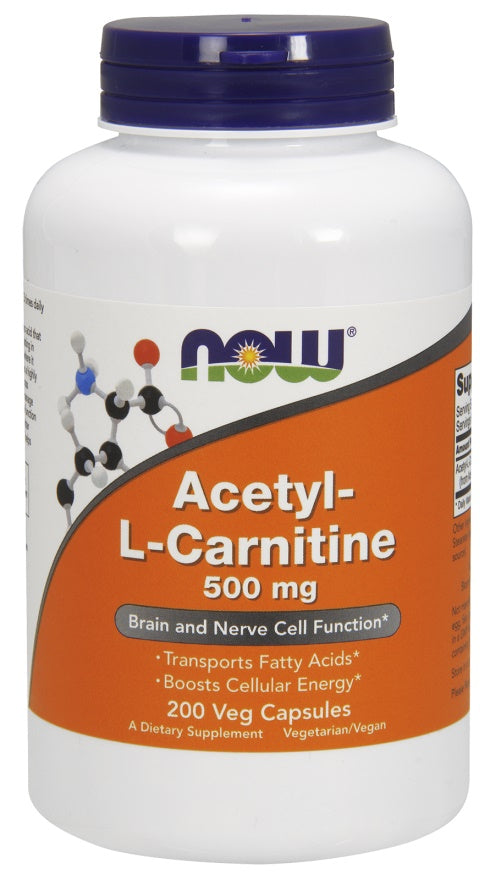 NOW Foods Acetyl-L-Carnitine, 500mg - 200 kapsulių, maisto papildas, riebalų degintojai