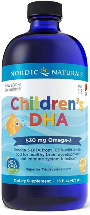Vaikų DHA omega-3 papildas, 530 mg, braškių skonio, 473 ml