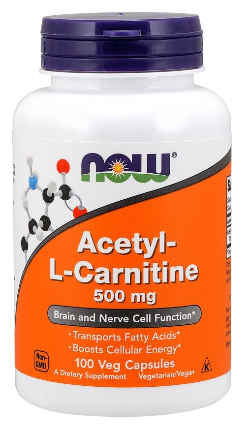 NOW Foods Acetyl-L-Carnitine 500mg, 100 kapsulių, maisto papildas, riebalų degintojai