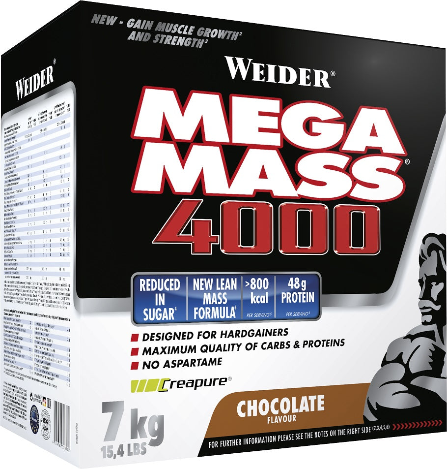 Weider Mega Mass 4000, braškinis maisto papildas, šokolado skonio, 7 kg