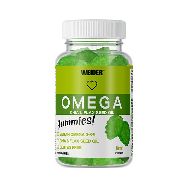 Weider Omega Gummies, Lime - 50 guminukų, maisto papildas, omega-3, chia ir linų sėklų aliejus