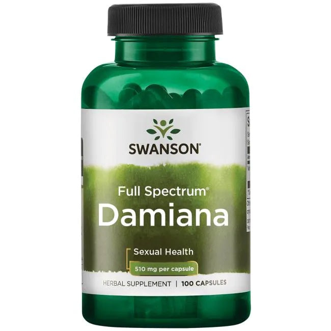 Swanson Damiana, 510mg - 100 kapsulių, maisto papildas, libido ir seksualinei sveikatai