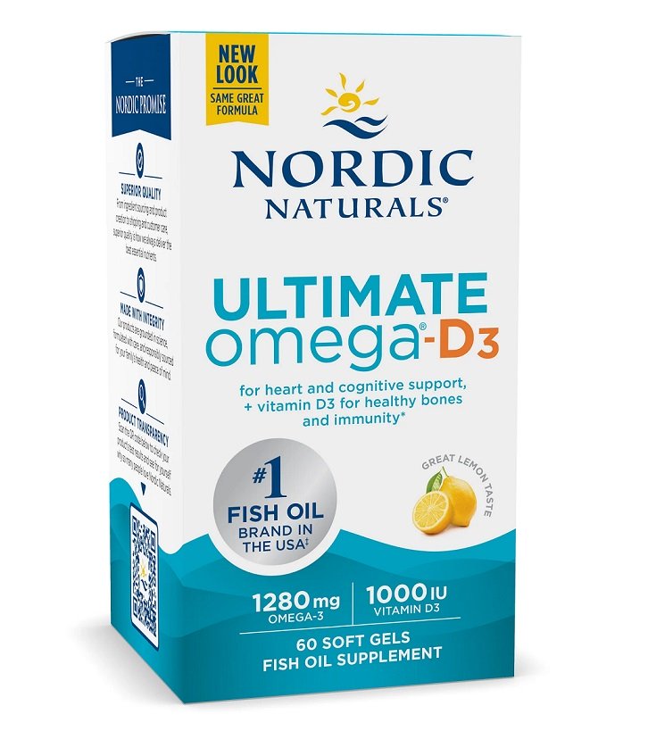 Nordic Naturals Omega-D3 žuvų aliejus, citrinos skonis, 60 kapsulių