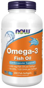 NOW Foods Omega-3 žuvų aliejus, molekuliškai distiliuotas, 200 kapsulių