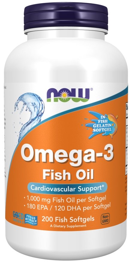 NOW Foods Omega-3 žuvų aliejus, molekuliškai distiliuotas, 200 kapsulių