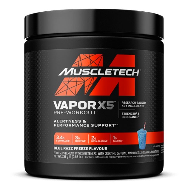 MuscleTech Vapor X5 Pre-Workout, Blue Razz Freeze - 252 g maisto papildas