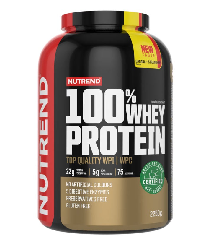 Nutrend 100% Whey Protein, Banana + Strawberry - 2250 gramų, baltymų milteliai