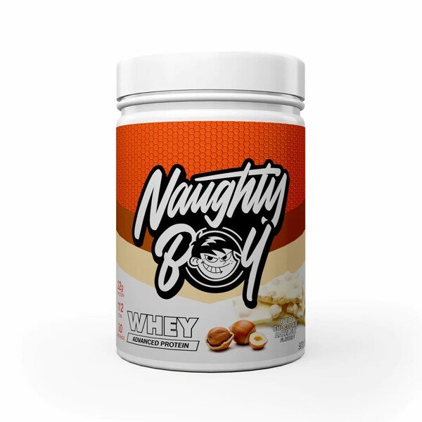 Naughty Boy Whey baltymų papildas, baltasis šokoladas lazdynas