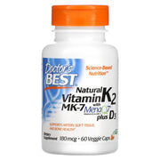 Doctor's Best Natural Vitamin K2 MK7 with MenaQ7 plus D3, 180mcg - 60 kapsulių