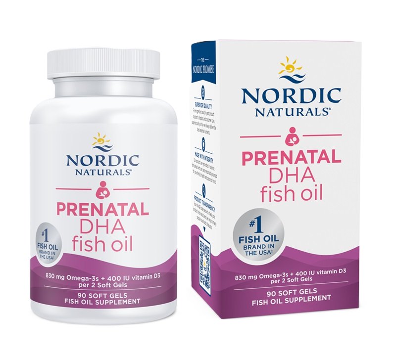 Nordic Naturals Prenatal DHA, 830mg Omega-3 + 400 IU D3 kapsulės ir dėžutė