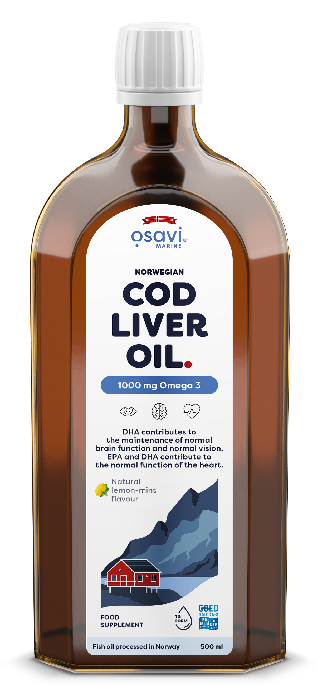 Osavi Norvegijos menkių kepenų aliejus, 1000mg Omega 3, citrinų-mėtų skonis, 500 ml