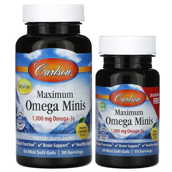 Carlson Labs Omega Minis kapsulės, maisto papildas, EFA, Omega-3, lemon skonis