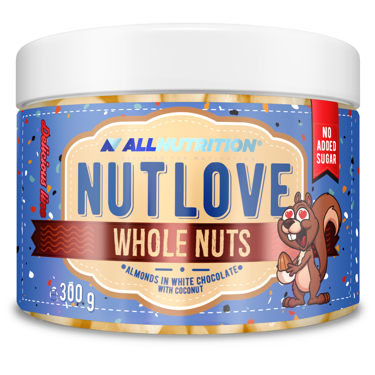 Allnutrition Nutlove riešutai su balta šokolado ir kokosų apvadu, 300 g
