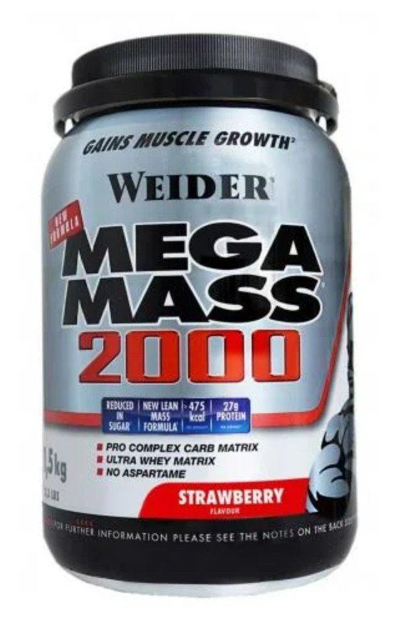 Weider Mega Mass 2000, Braškių skonio, 1500 g, maisto papildas