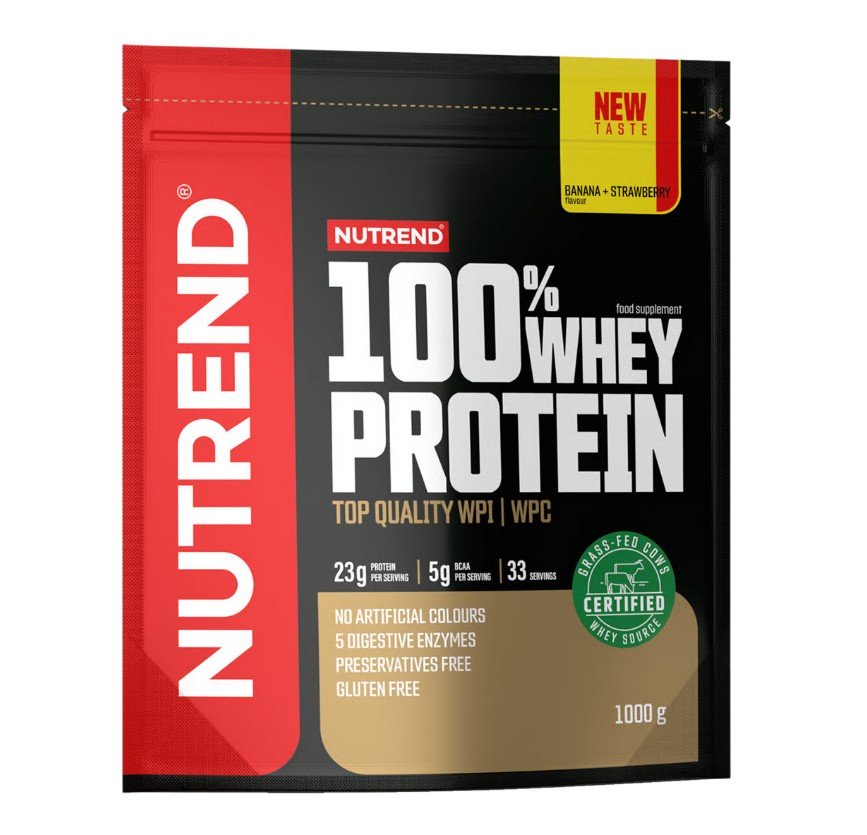 Nutrend 100% baltymų milteliai, Banana + Strawberry, 1000 g