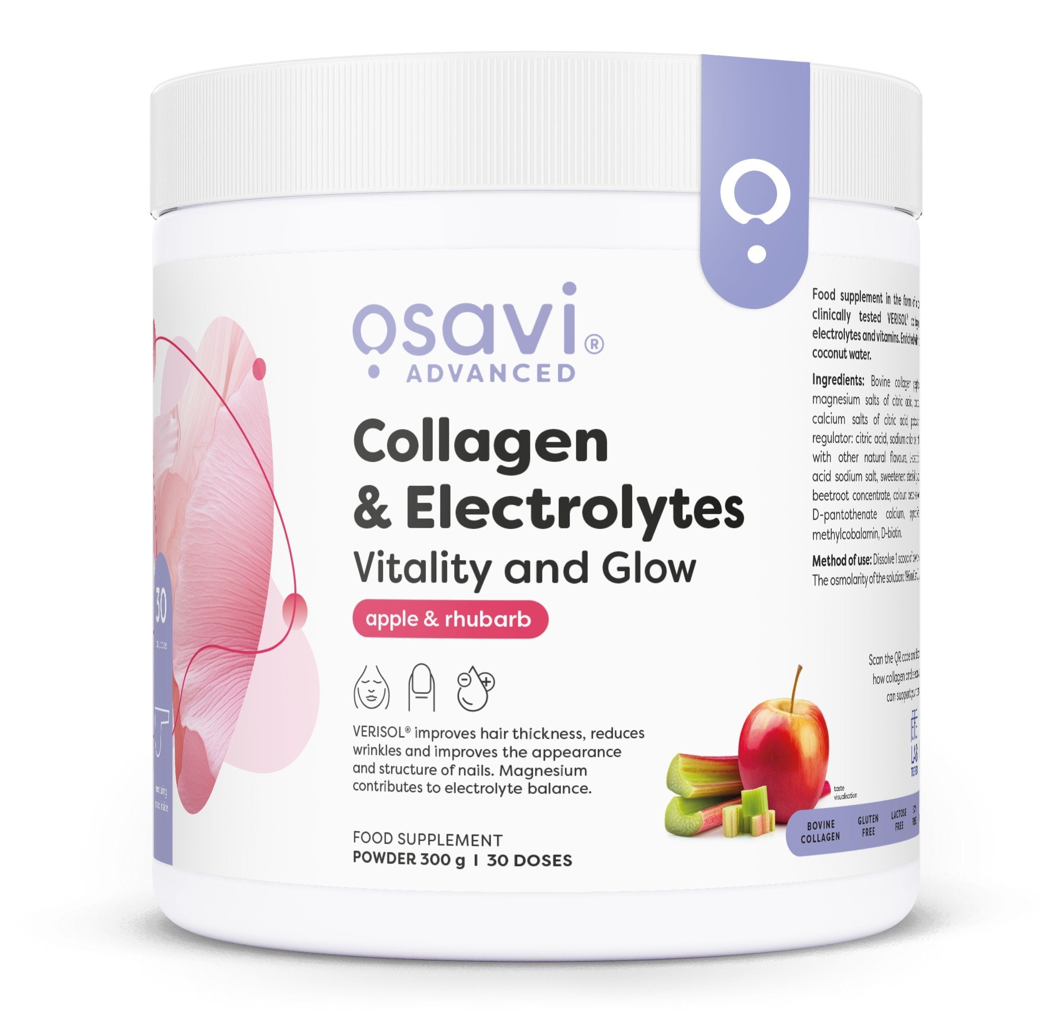 Osavi Collagen Electrolytes Vitality and Glow, Apple & Rhubarb - 300 gramų