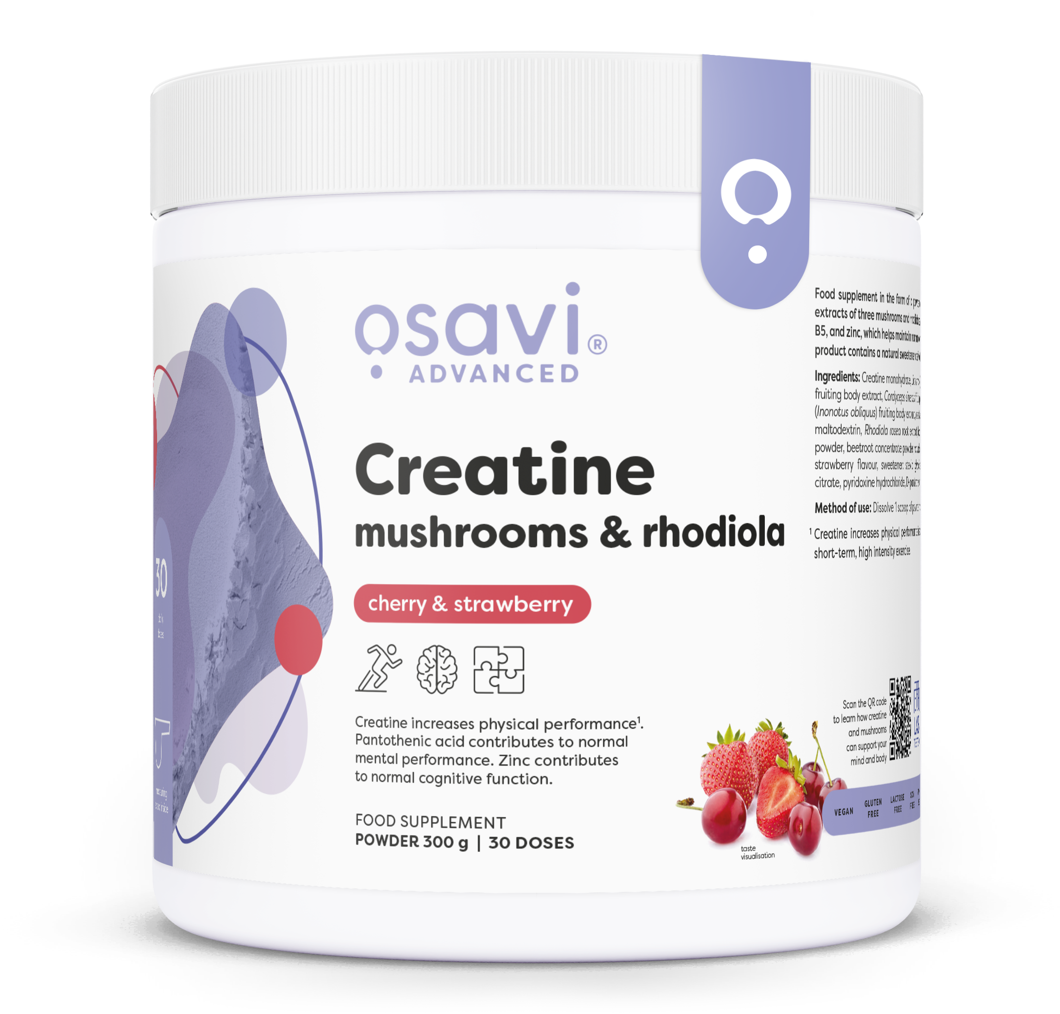 Osavi kreatino, grybeliai ir rodiola, vyšnios ir braškės – 300 g
