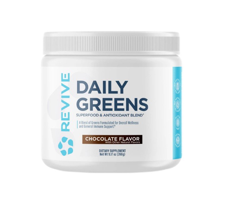 Revive Daily Greens milteliai, šokolado skonis, sveikata ir gerovė