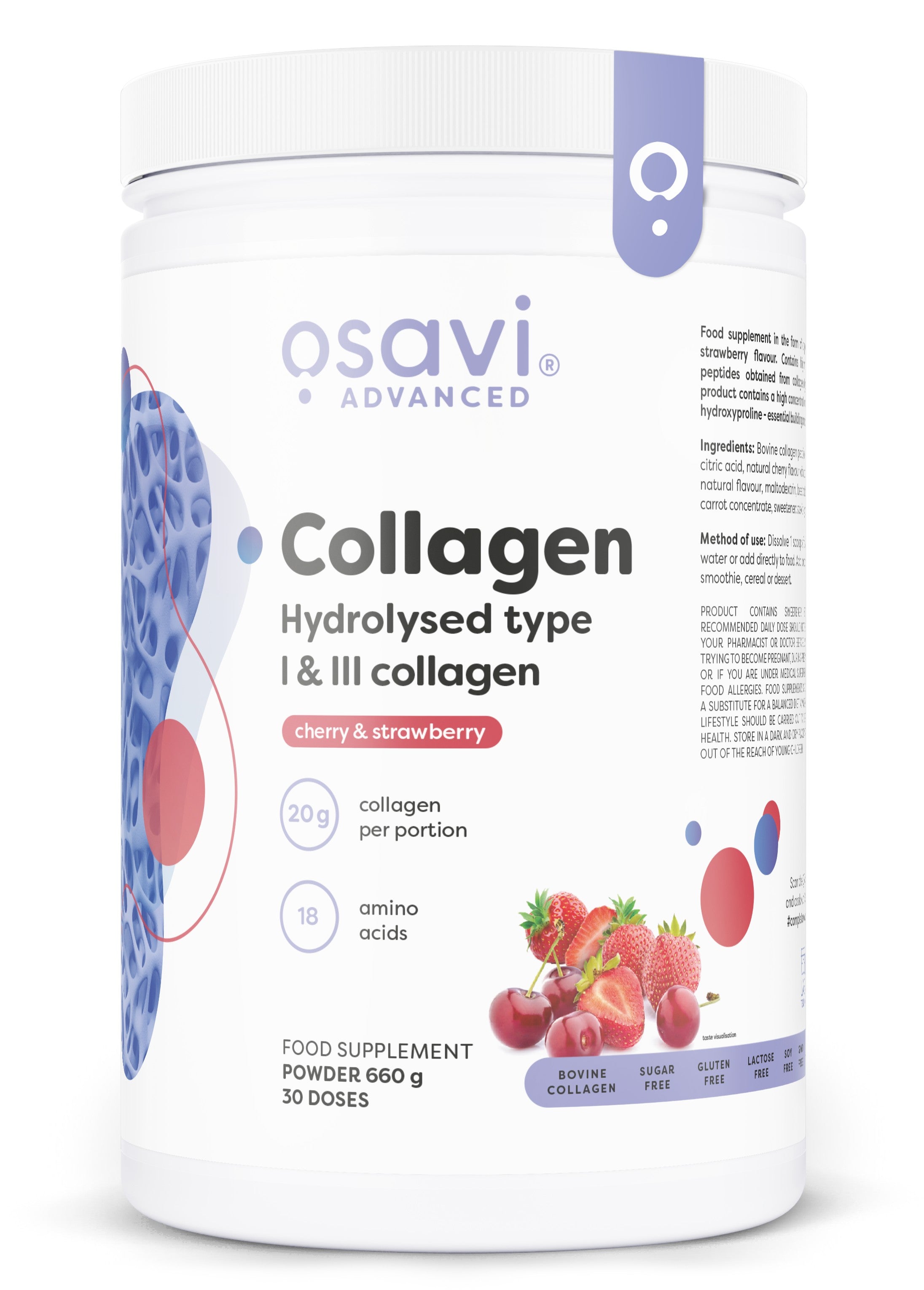 Osavi Collagen Hydrolysed Type I & III, Cherry & Strawberry - 660 gramų