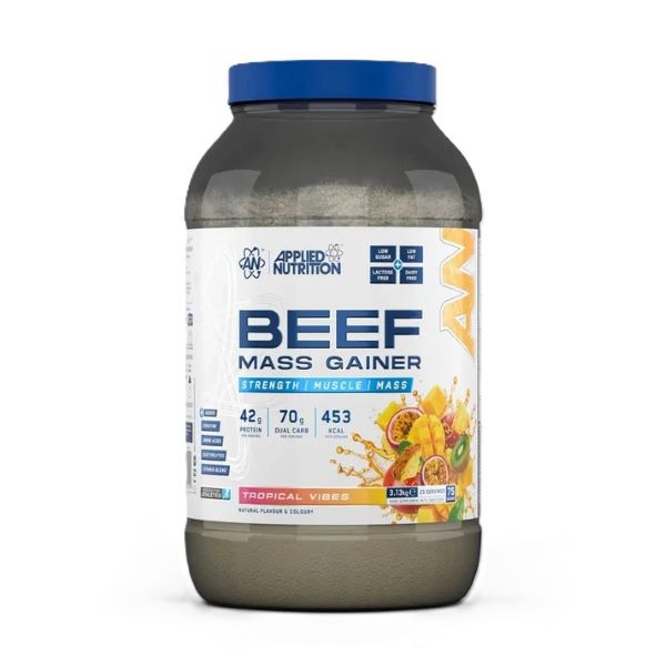 Applied Nutrition Beef Mass Gainer, Tropical Vibes - 3130 gramų, maisto papildas, baltymai, svorio geineriai