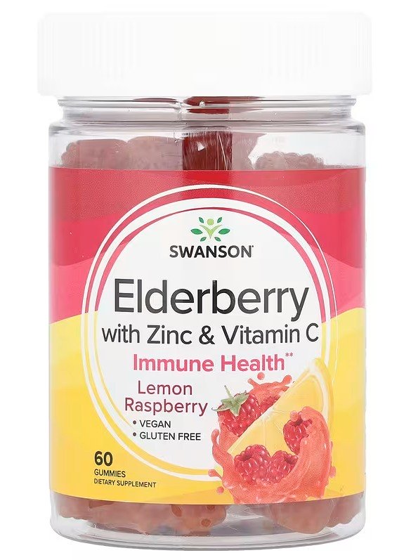 Swanson elderberry gummies su cinku ir vitaminu C, citrinų avietės skonis, 60 vnt