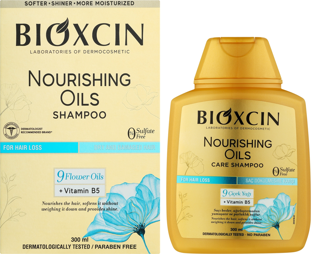 Bioxcin Nourishing Oils Shampoo – maitinamasis šampūnas sausiems ir pažeistiems plaukams su 9 gėlių aliejais ir vitaminu B5, 300 ml